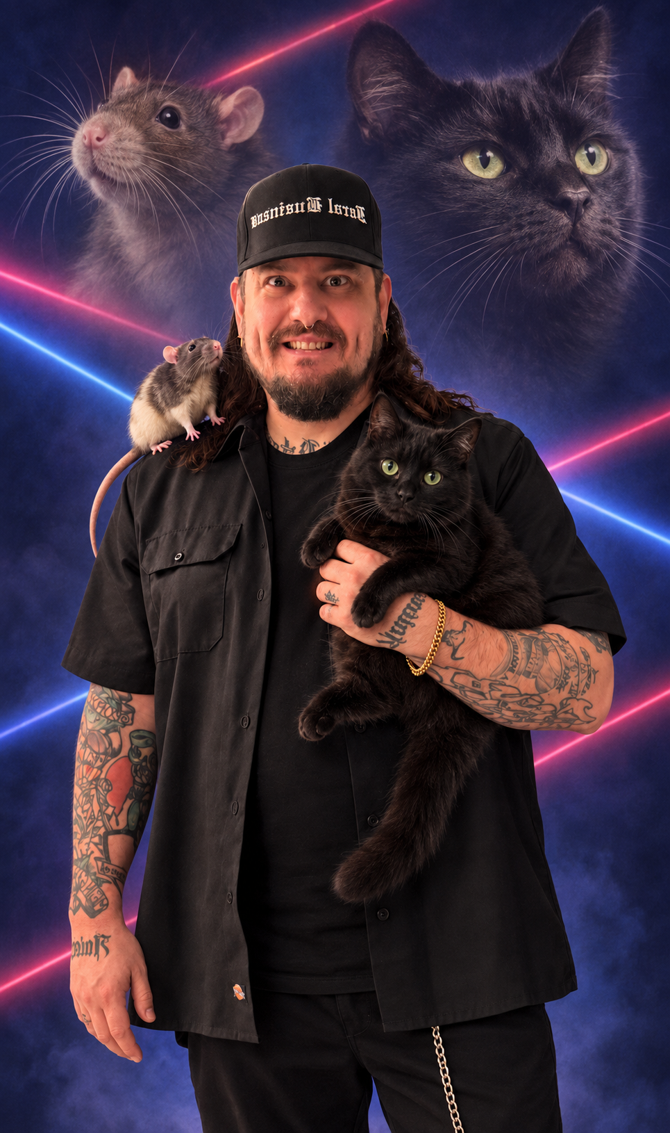 Feral Business holding a black cat with a rat on his shoulder in a laser-lit family portrait